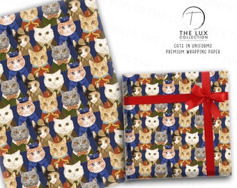 May include: Wrapping paper featuring a repeating pattern of cats in various uniforms on a navy blue background. The cats have different fur colors and wear hats, jackets, and bow ties. The text "CATS IN UNIFORMS PREMIUM WRAPPING PAPER" is visible.