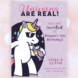 Les licornes personnalisées sont réelles D1 Fête d’anniversaire filles Invite Cartes Invitations Enfants Arc-en-ciel Magique Violet Rose Cool Filles modernes Garçons