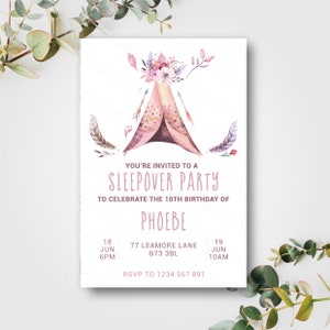 Gepersonaliseerde Tipi Sleepover verjaardagsfeestje nodigt digitale downloadkaarten uitnodigingen kinderen meisje slaapfeestje kind Boho moderne stijl