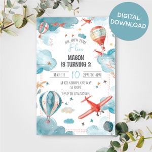 Convite de aniversário de avião digital personalizado | Convites para festa | Cartões | Crianças | Celebração | Meninos | O tempo voa | Avião fofo