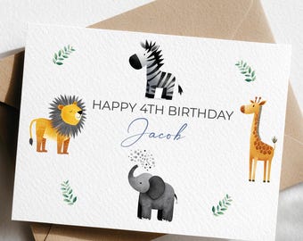 Personalisierte Safari-Tier-Geburtstagskarte für Kinder & Kraft-Umschlag, benutzerdefinierte Kinderkarte | Löwe, Giraffe, Elefant, Zebra | Süßer Partylöwe