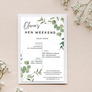 Personalised Hen Party Weekend Itinerary D3 Hen Do Invitation Wedding Party Itinerary Card Bachelorette Eucalypus Botanial Floral Themed