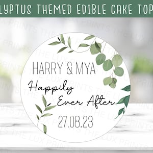 Topper per torta di nozze personalizzato, fidanzamento, eucalipto, fata, carta di riso commestibile, tema floreale botanico, forniture per feste di addio al nubilato