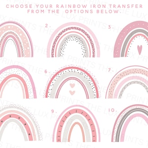 Könnte beinhalten: Eine Auswahl von zehn rosa-grauen Bügelbild-Designs mit Regenbogen. Jedes Design hat ein einzigartiges Muster aus Punkten, Herzen und Streifen. Der Text oben lautet "CHOOSE YOUR RAINBOW IRON TRANSFER FROM THE OPTIONS BELOW."