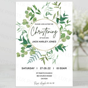 Baptême personnalisé Bébé Baptême Cartes d’invitation D2 Enfants Filles Eucalyptus Thème floral