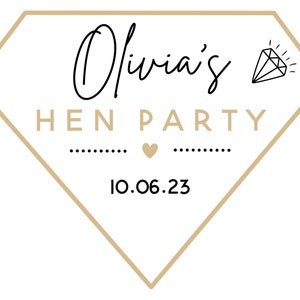 May include: A diamond-shaped graphic with the text "Olivia's HEN PARTY" in black and gold. A diamond illustration and the date "10.06.23" are also included. The design is suitable for a bachelorette party.