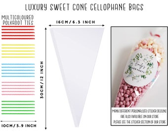 Bolsas de celofán vacías de lujo con forma de cono para dulces, para regalos de fiesta, cumpleaños infantiles, fiestas infantiles, regalos de boda, lazos multicolores, agradecimiento.