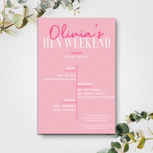 Personalised Hen Do Party Weekend Itinerary Pink & White Invitation Bridal Wedding Card Bachelorette Baby Hot Pink Invite Event Girly Decor