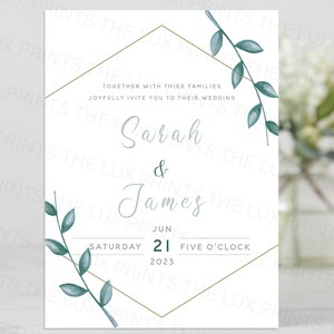 Convites personalizados de casamento d4 eucalipto, cartões modernos de anúncio de casamento, convites florais, bachlorette, galinha, veado, personalizado, dourado, verde