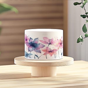 Watercolour Lily Flowers Cake Wrap, Lilac Pink Floral Ribbon Border ICING sheet, Birthday, Anniversary, Party Baking Supplies Edible Topper