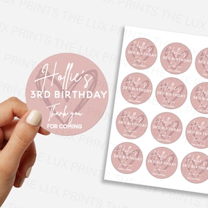 Autocollants personnalisés de fête d'anniversaire de coeur rose, décalque, autocollant rond, paquet d'autocollant, étiquette faite sur commande, cônes doux de sac, étiquette pour des tasses, faveurs