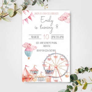 Convite de aniversário personalizado do parque temático de diversões D1 customizável, carnaval, montanha-russa, convite, cartão, parque de feiras de diversão, menina