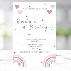 Invitaciones personalizadas para fiesta de cumpleaños con corazones de arcoíris rosa, tarjetas de invitación para niños