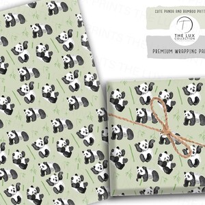 Mignon panda et bambou cadeau papier d'emballage célébration d'anniversaire cadeau de luxe wrap vert olive neutre pastel animal amoureux cadeau nouveauté wrap