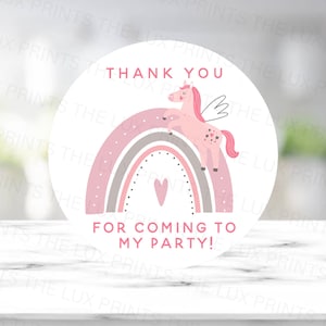Licorne arc-en-ciel merci autocollants, rose, fête, décalcomanie, autocollant rond, pack d'autocollants, étiquette, sacs sucrés, étiquette pour tasses
