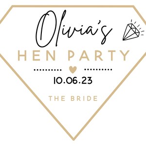 May include: A diamond-shaped graphic with a gold border and white interior. The text "Olivia's HEN PARTY" is displayed in black script and sans-serif fonts. The date "10.06.23" is centered below the text, with "THE BRIDE" below.