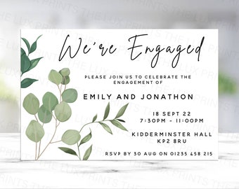 Invitaciones personalizadas de eucalipto para fiesta de compromiso. Tarjetas modernas para anunciar tu boda. Invitaciones para celebrar nuestro compromiso.