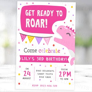Dinossauro personalizado D4 rosa festa de aniversário meninas convites cartões convites crianças