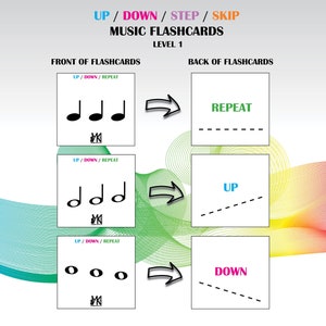 Up Down Step Skip Music Flashcards, conjunto de 81 cartas, teoria musical, impressão digital, aulas de música, educação musical, chaves mágicas