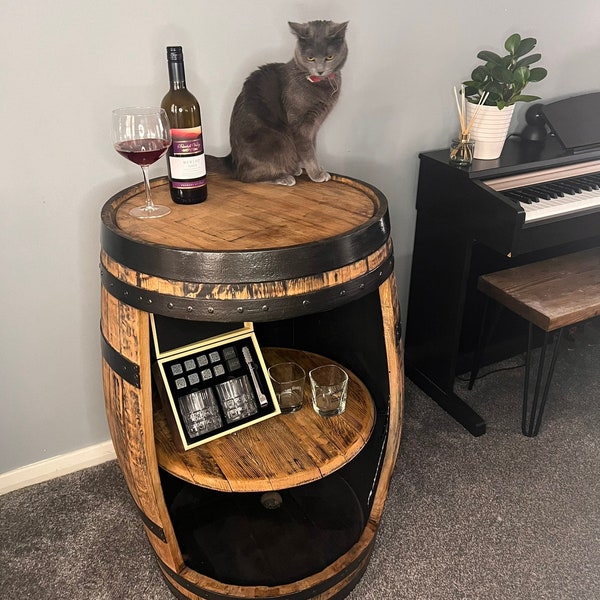 Recycled Solid Oak Whisky Barrel | Bar Cabinet  | Barrel Display Cabinet| Rustic | Bespoke | Gift Idea | Vinyl Record Storage | Pub | Shelf