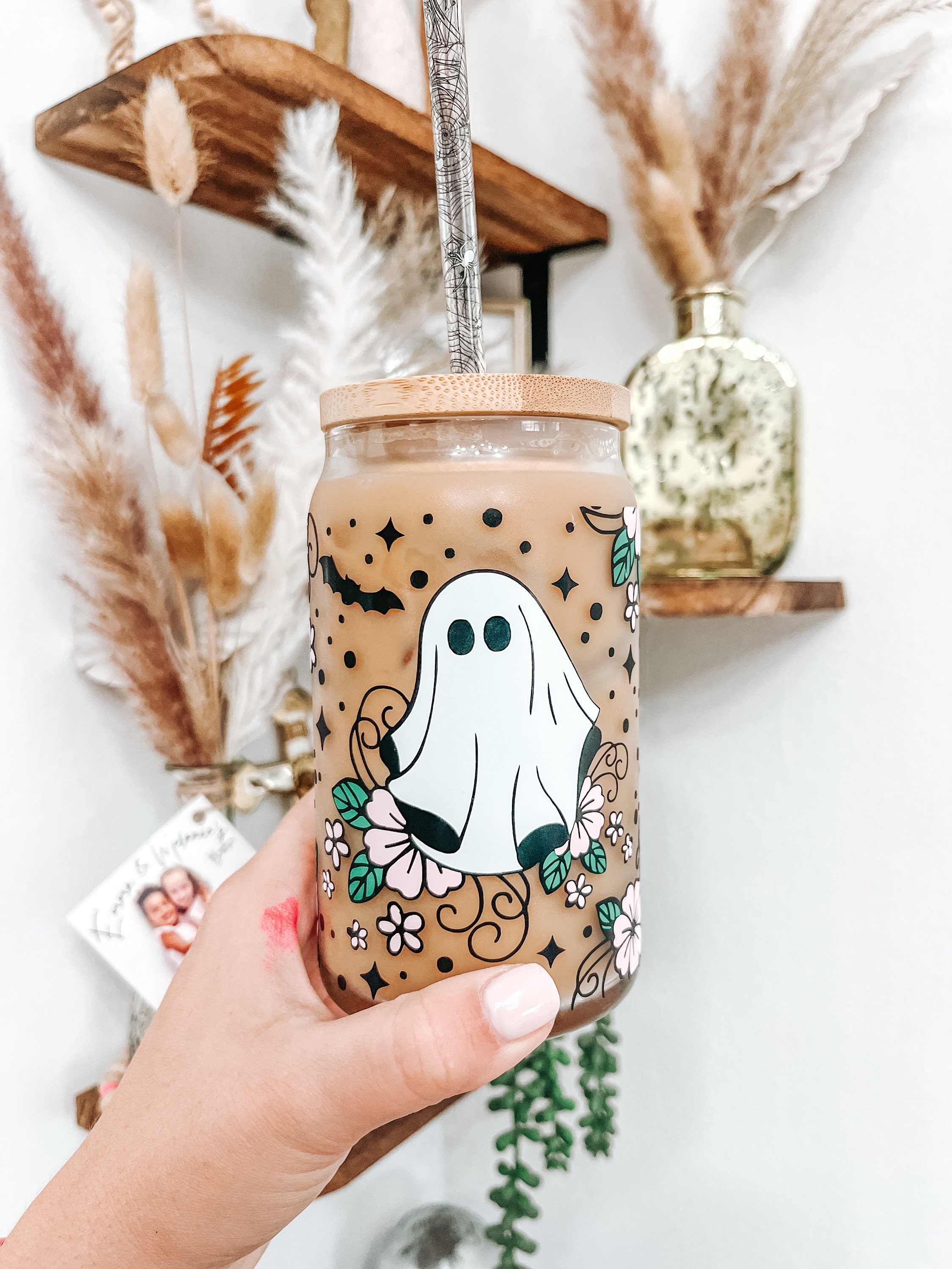 Floral Ghost Cup Halloween Glass Cup Spooky Cups Spooky Etsy