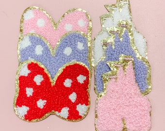 Disney Iron On Patch or sticker | Minnie bow patch, Disney castle patch, disney patch, Chenille Disney castle, Disney decor, Disneyland