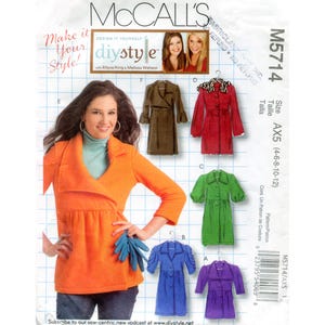 May include: McCall's M5714 sewing pattern featuring various coat designs. The pattern includes sizes AX5 (4-6-8-10-12). The cover displays an orange jacket and other coat styles in green, red, brown, and blue. The text "Make it Your Style!" is visible.