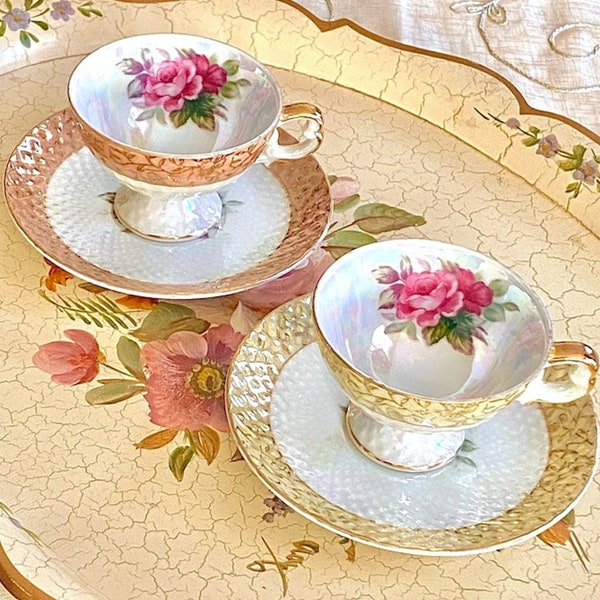 German Pearl Lustre Gold Accent Vintage Footed Demitasse Cup and Saucer Set. Romantic Red Pink Rose Motive. Select Color(s) in Menu Option!