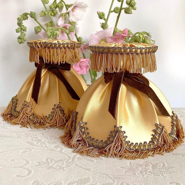 SET OF 2 Golden Champagne Satin Lamp Shades with Tassel Fringe, Clip on Frame and Brown Ribbon. French Vintage Parisian Chic