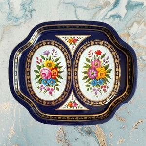 English Vintage Artisan Metal Serving Tray. Beautiful Floral and Gold ArtWork on Cobalt Blue. Art Nouveau Rococo Style. Made in England