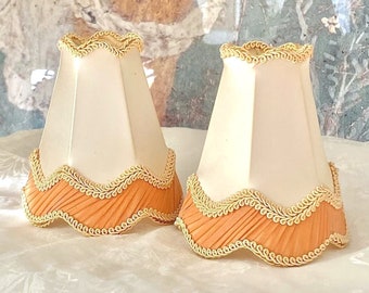 SET OF 2 Apricot Orange and Off White Petite Lamp Shades with Fabric Trim. Vintage French Parisian Chic. Clip on Frame