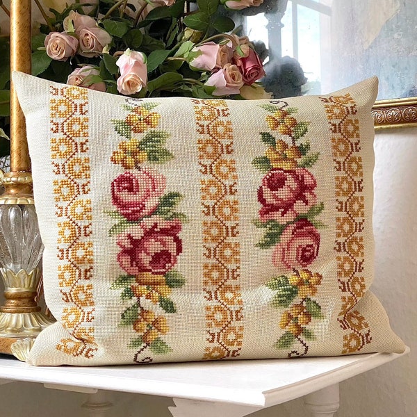 Handmade Embroidered Rectangular Off White Vintage Wool Pillow with Elegant Details. Roses and Stripes Motive