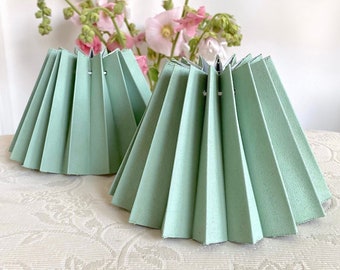 SET OF 2 Mat Pastel Mint Green Petite Pleated Lamp Shades with Clip on Frame and Golden Undertone when lit. Please Read Description!