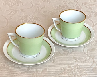 First Class White and Pastel Green Royal Copenhagen Demitasse Cup and Saucer Set with Gold Accent. Vintage Danish Modern. Read Description!