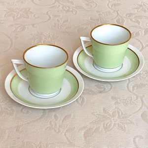 First Class White and Pastel Green Royal Copenhagen Demitasse Cup and Saucer Set with Gold Accent. Vintage Danish Modern. Read Description!