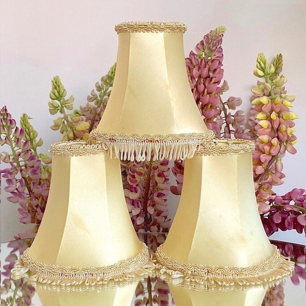 French Parisian Chic Petite Champagne Golden Vintage Lamp Shade with Tassel Trim and Clip on. Price is for 1 Lamp Shade. Read Description