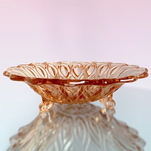 Footed Bowl/Centerpiece Dish with Beautiful Pattern and Scalloped Trim. Pink Antique Bohemian Glass. Please Read Description!