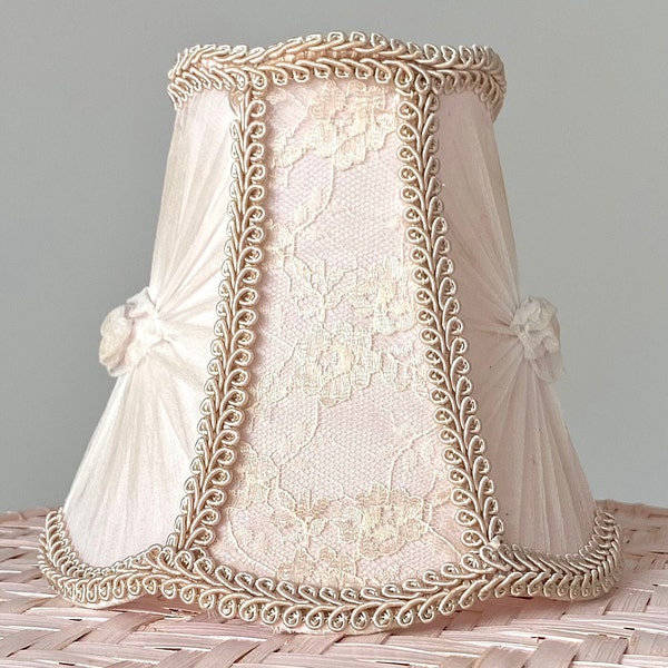 Adorable Soft Pastel Pink Lamp Shade. French Petite with Beautiful Details and Clip on. Lace Boudoir. Has Aging and Use Please See Photos!