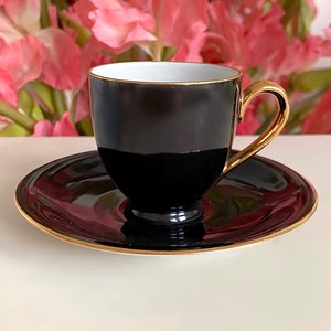 Black and White Porcelain Demitasse Cup and Saucer Set with Gold Trim. Zeh Scherzer Bavaria Germany. Has Signs of Aging and Use!