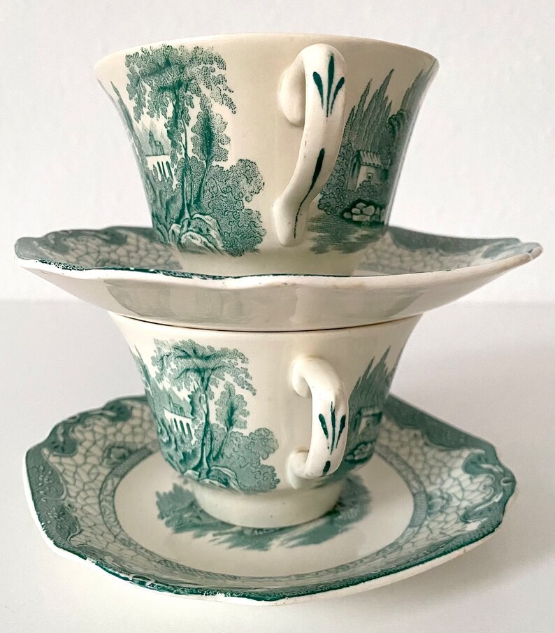 Sea Green/teal Blue Pastel Antique Tea Cup and Saucer Set. Landscape