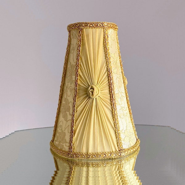 Golden Pastel Macaron Yellow Cream Lace Boudoir Petite Covered Lamp Shade with Gold Trim. French Antique. Clip on and Beautiful Details