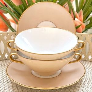 Vintage Pastel Beige Two Handle Consommé Footed Cup and Saucer Set. Royal Copenhagen Paired with Selb Bavaria Heinrich. Read Description!
