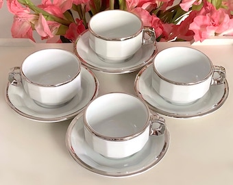 Price is for 1 Cup and 1 Saucer. Tea Cup and Saucer Set Pillivuyt France. White Porcelain with Silver Trim. French Bistro. Read Description!