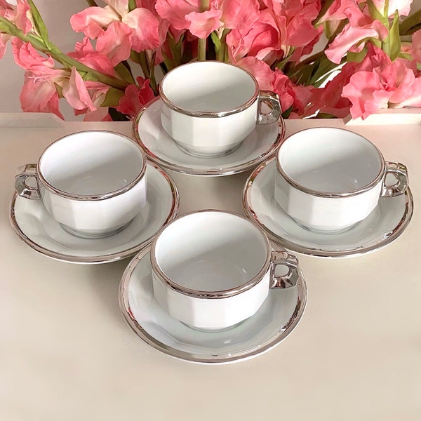 Tea Cup and Saucer Set Pillivuyt France. White Porcelain with Silver Trim. French Bistro. Price is for 1 Cup and 1 Saucer. Read Description!