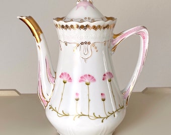 Art Nouveau Fine Botanical Artisan Pink Carnation. White Porcelain Lidded Coffee Pot with Gold Accent. Antique CT Germany 1870-1930s