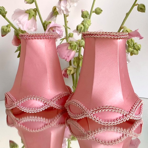 SET OF 2 Beautiful Satin Parisian Chic Pink Lamp Shades with Trim and Clip on Frame. Vintage French Petite Boudoir