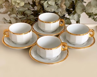 Französisches Bistro Sehr seltenes weißes Porzellan-Teetasse und Untertassen-Set mit Goldrand. Vintage Pillivuyt Frankreich. Der Preis gilt für 1 Tasse und 1 Untertasse!