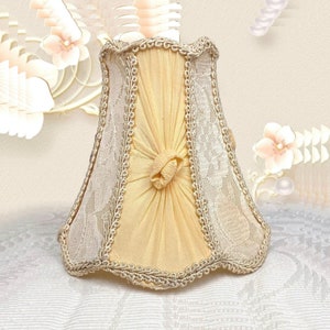 French Victorian Lace Boudoir Clip on Petite Lamp Shade. Beige Off White and Pastel Yellow Color. Has a few Superficial Flaws!