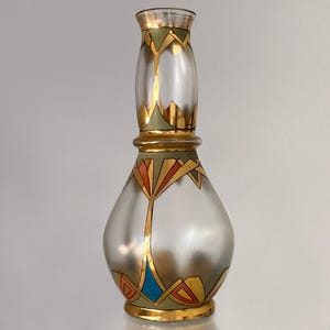 Art Collectible goud vergulde art-deco en art nouveau antieke glazen fles vaas. Emaille kunstwerk Boho Czech Likely J & L Lobmeyr. Geen stempel!