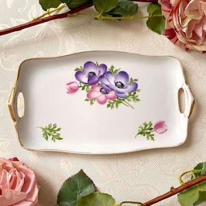 Vintage Serviertablett Anemone Blumen, Goldrand